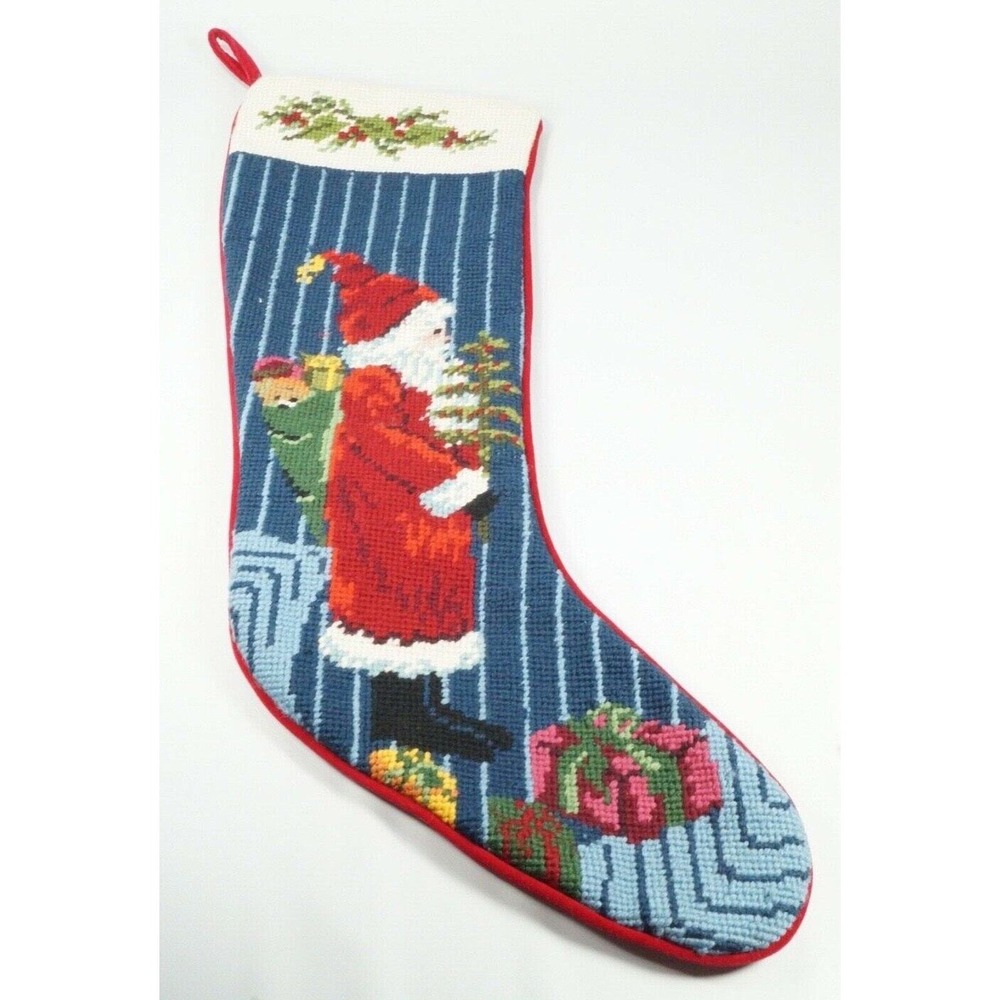 Christmas Needlepoint Stocking Standing Santa Holding Christmas Tree Blue Stripe